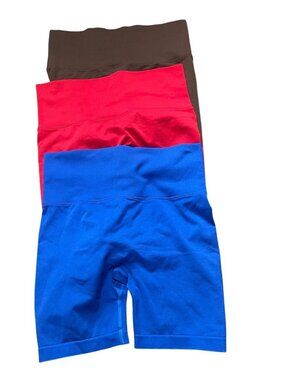 3-Pack High Waisted Biker Shorts Brown Red Blue Womens L Scrunch Booty Lifter